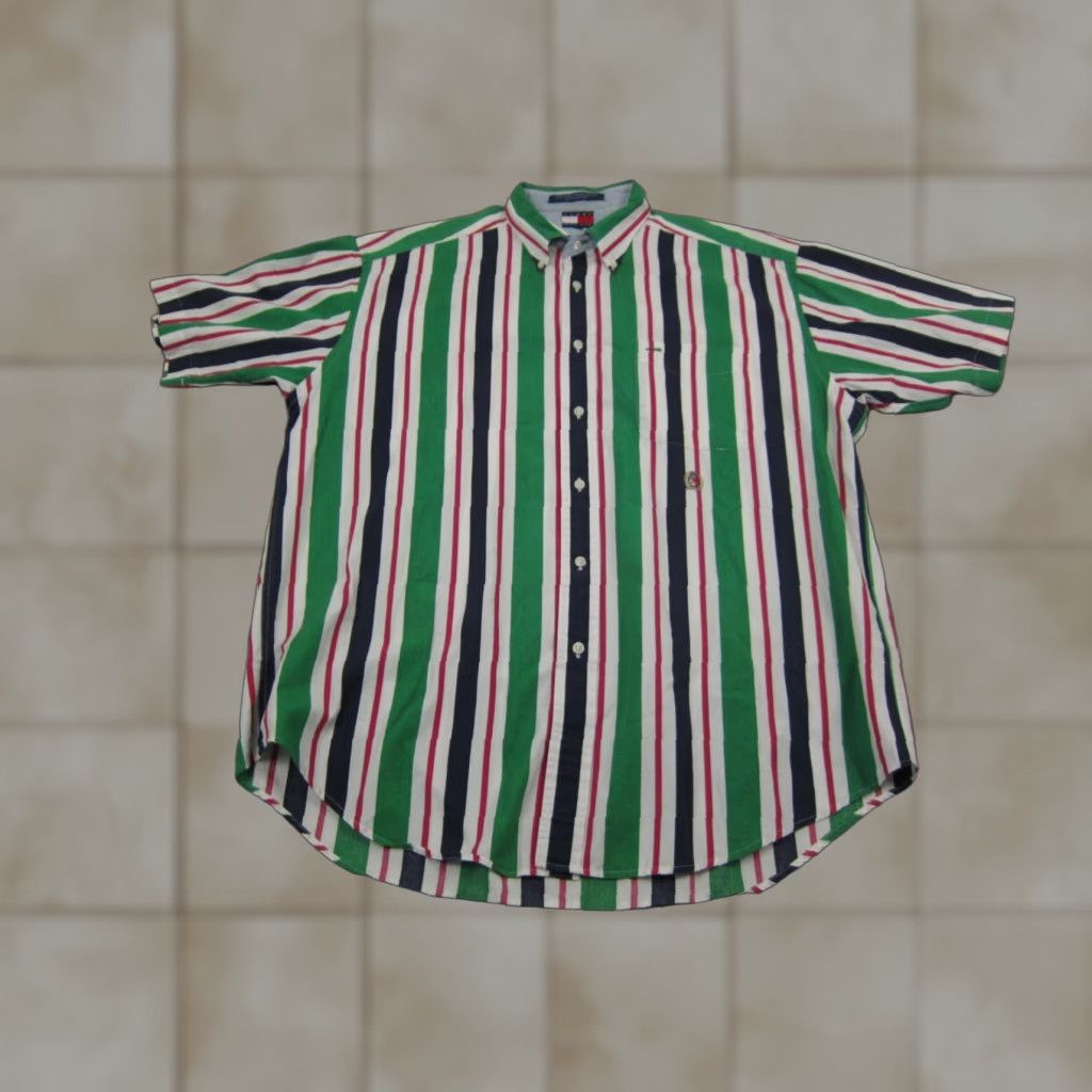 Tommy Hilfiger VINTAGE Tommy Hilfiger Shirt Mens Shirt Striped Button-Up 90s Green White Pink L Short Sleeve Collared Button-Down Casual 80s 90s Preppy Size US L / EU 52-54 / 3 - 1 Thumbnail