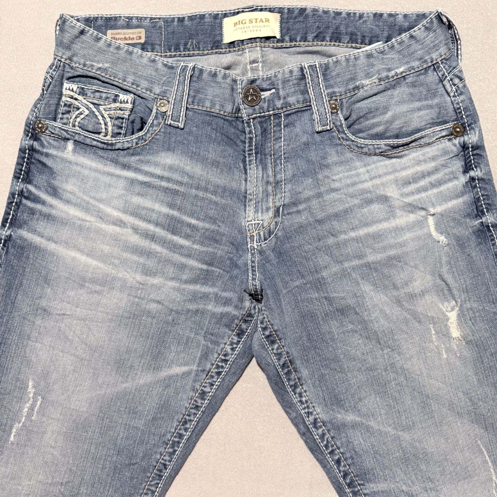 Vintage Buckle Big Star Jeans Men Blue Vintage Voyager Straight Stretch Distressed - 33 City Logo 5-Pocket Size US 33 - 3 Thumbnail