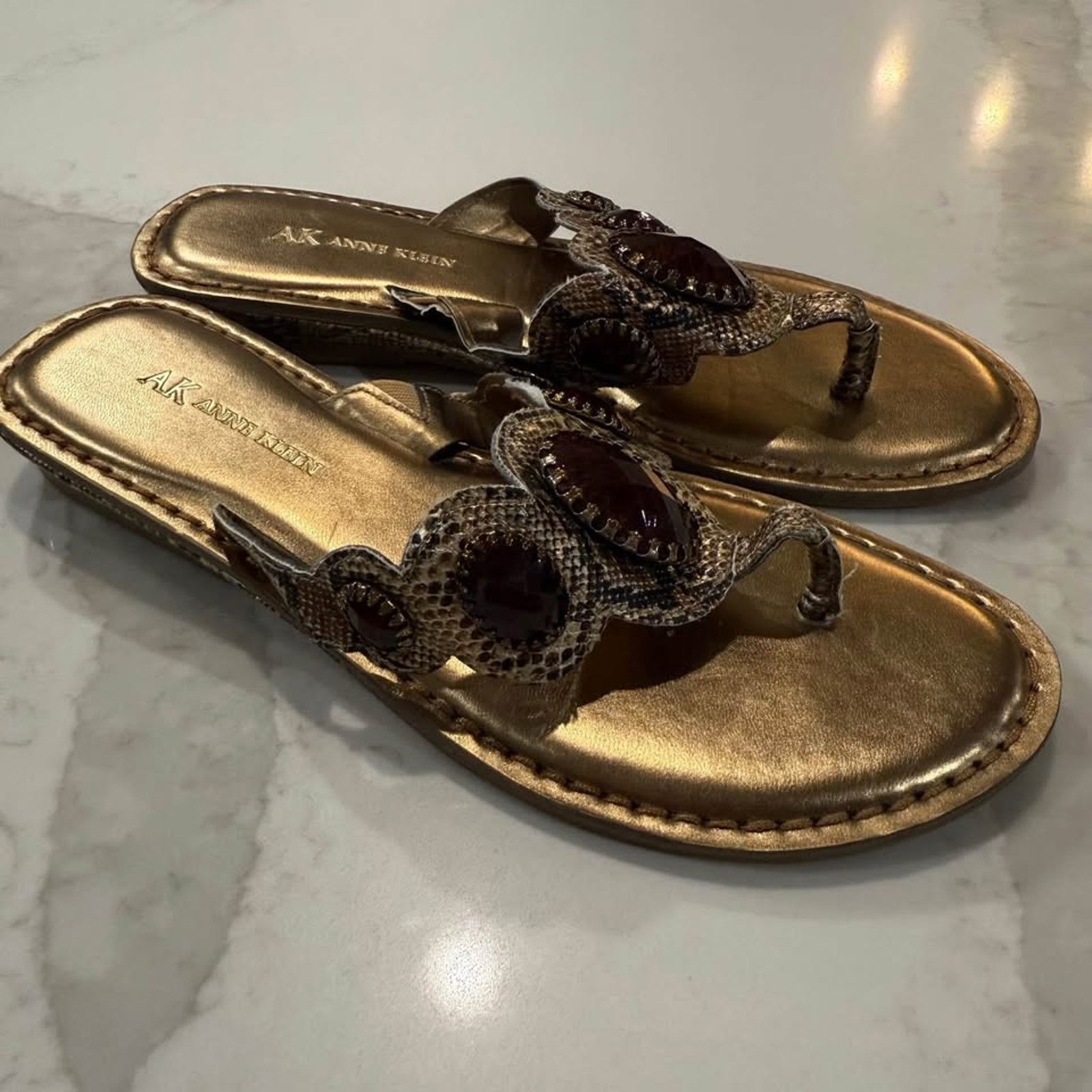Anne Klein Anne Klein Gold Thong Sandals Womens 8 Embellished Snakeskin Size US 8 / IT 38 - 1 Thumbnail