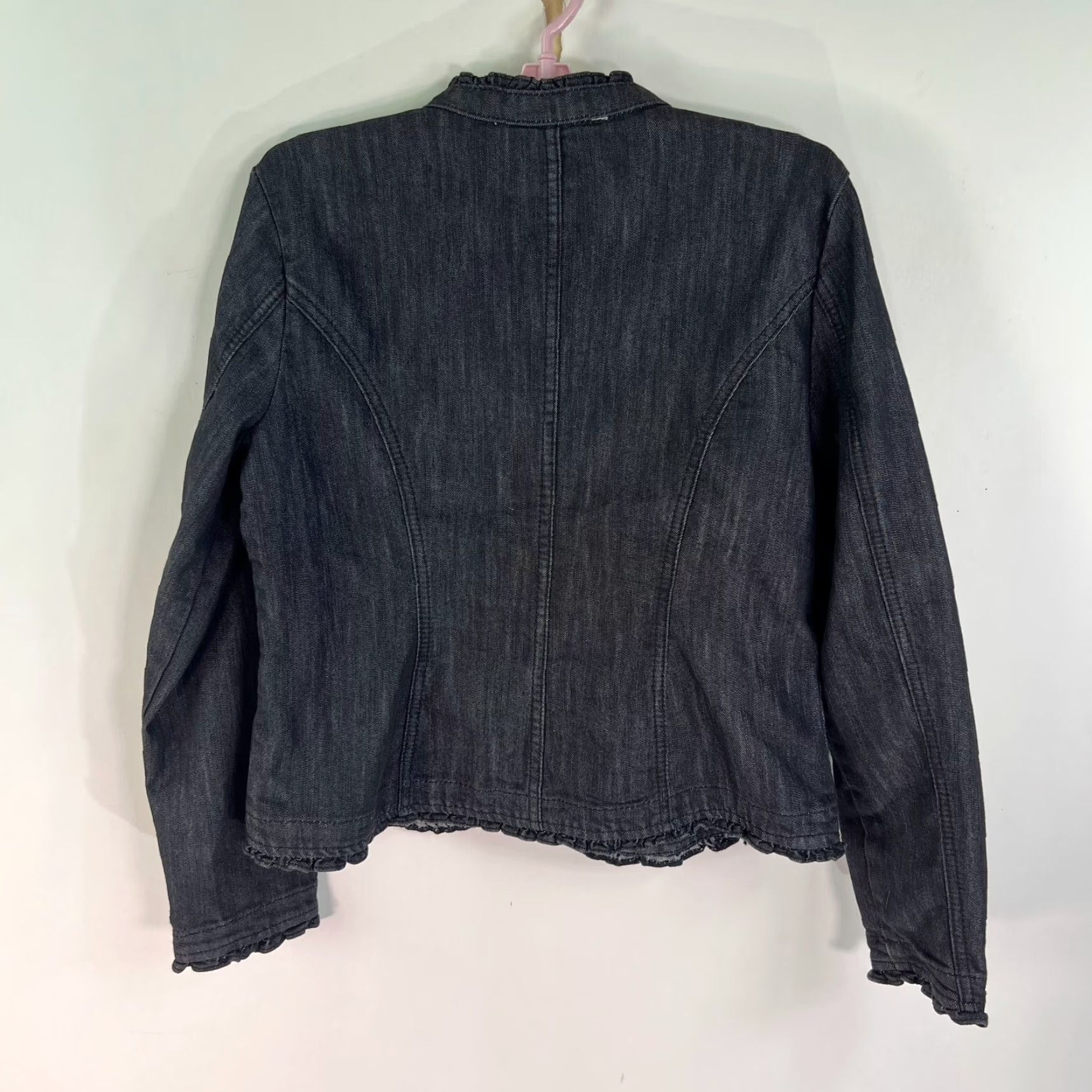 Vintage VINTAGE Christoper & Banks Black Jean Jacket Blazer Size M Embroidered Ruffle Sequin - Women Blazer Denim 90s Theme Size 32" / US 10 / IT 46 - 7 Thumbnail