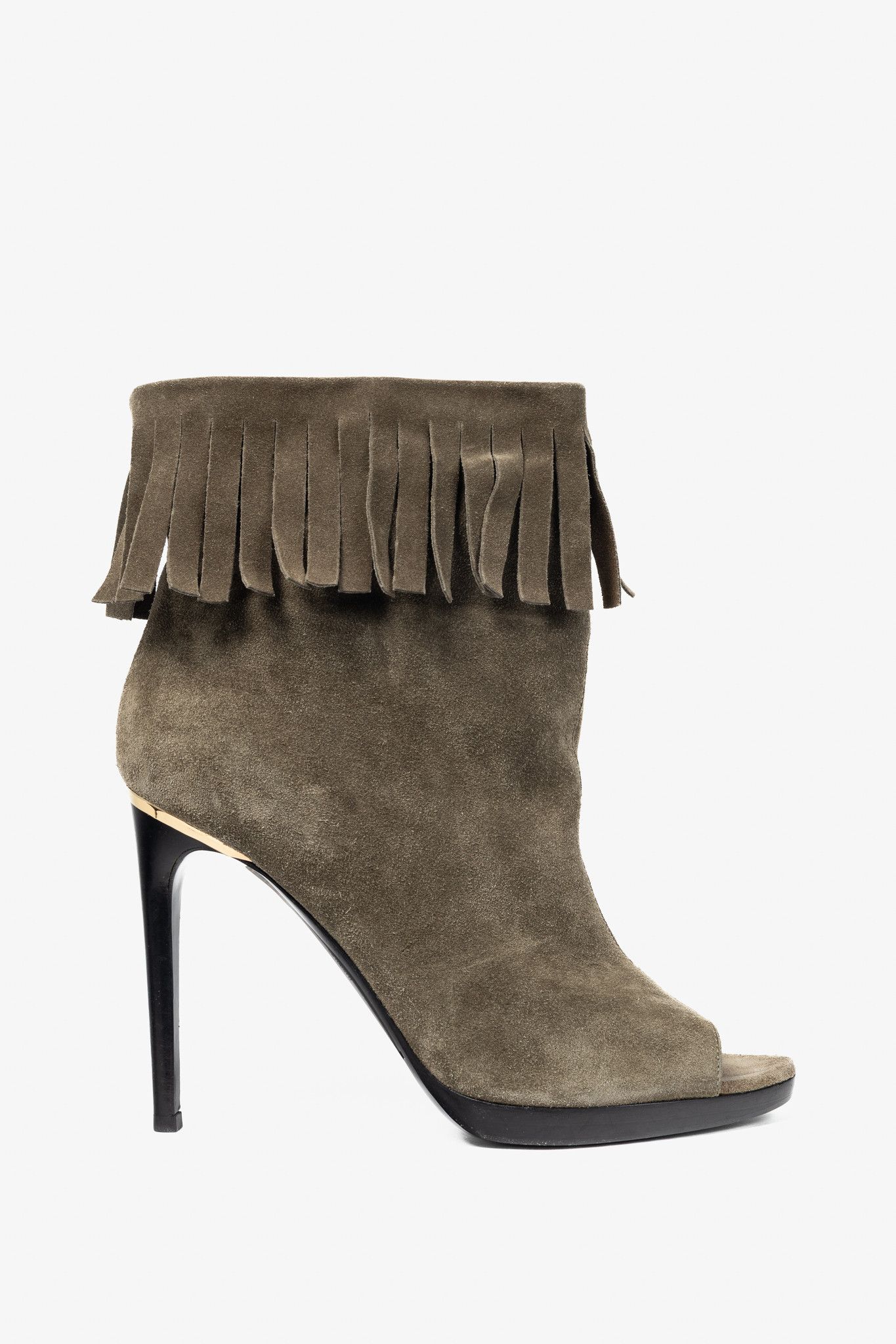 Burberry Burberry Pelling Khaki Suede Fringe Peep-Toe Booties Size US 8.5 / IT 38.5 - 1 Thumbnail