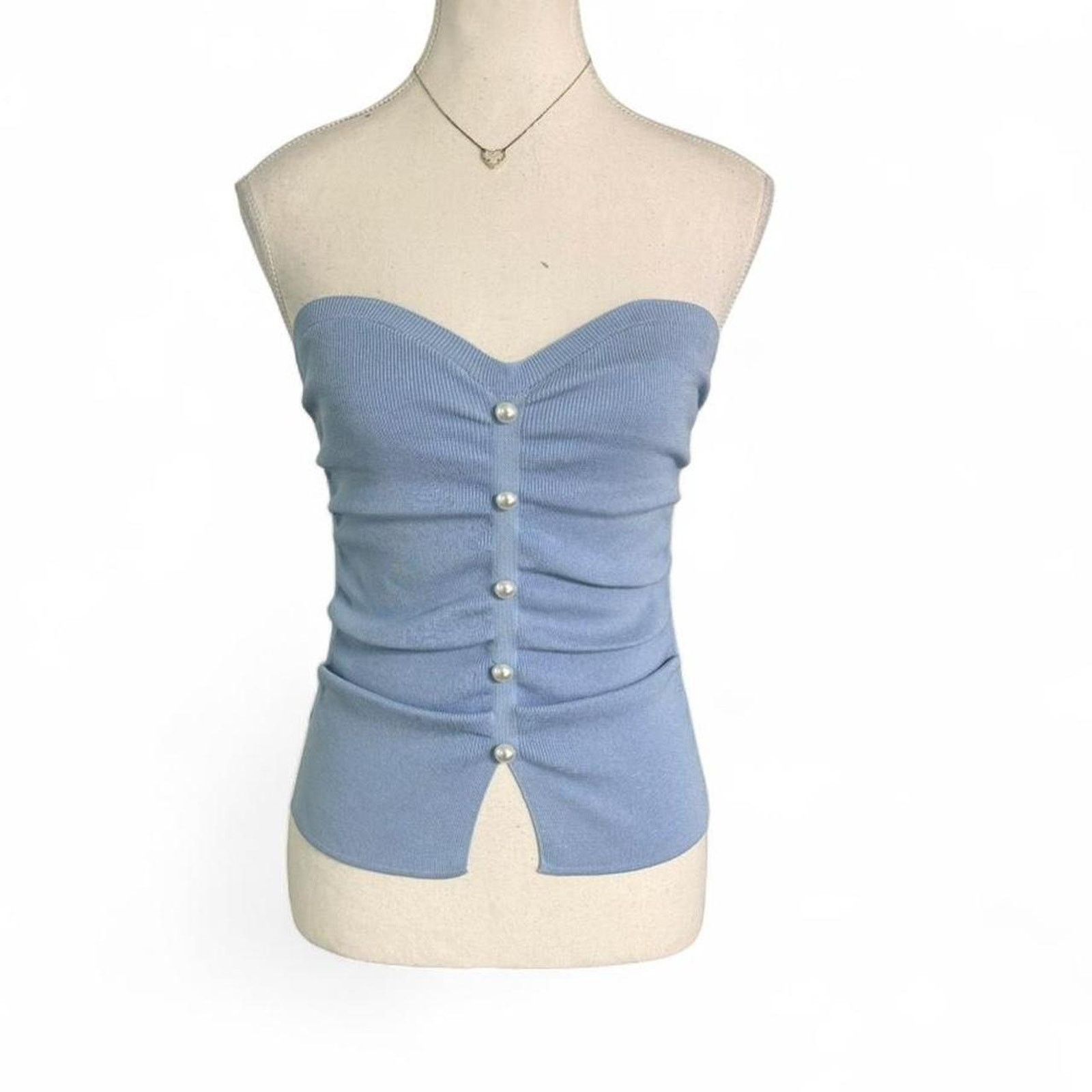 Cider Blue Strapless Button Front Tube Top Fitted Ribbed Size S Size S / US 4 / IT 40 - 1 Thumbnail