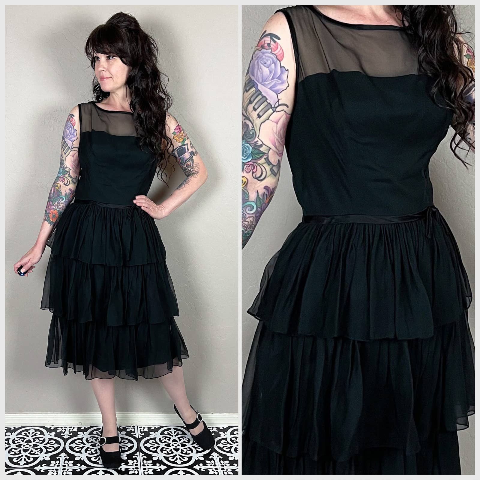 image of Vintage 1960S Black Silk Tiered Illusion Dress, Women's (Size Medium)
