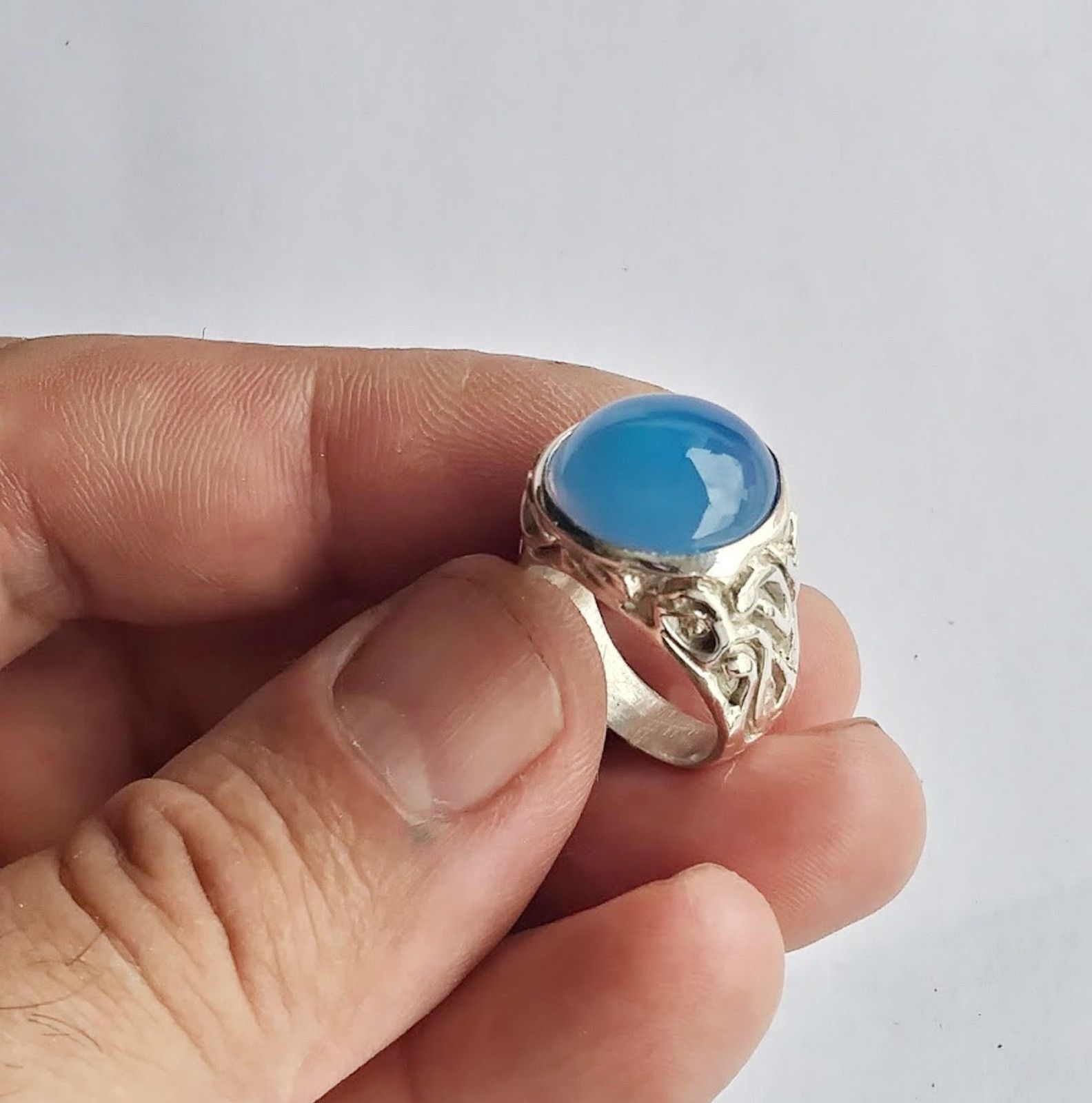 Other Men's ring blue cabochon Chalcedony sterling silver .925 Size ONE SIZE - 1 Thumbnail