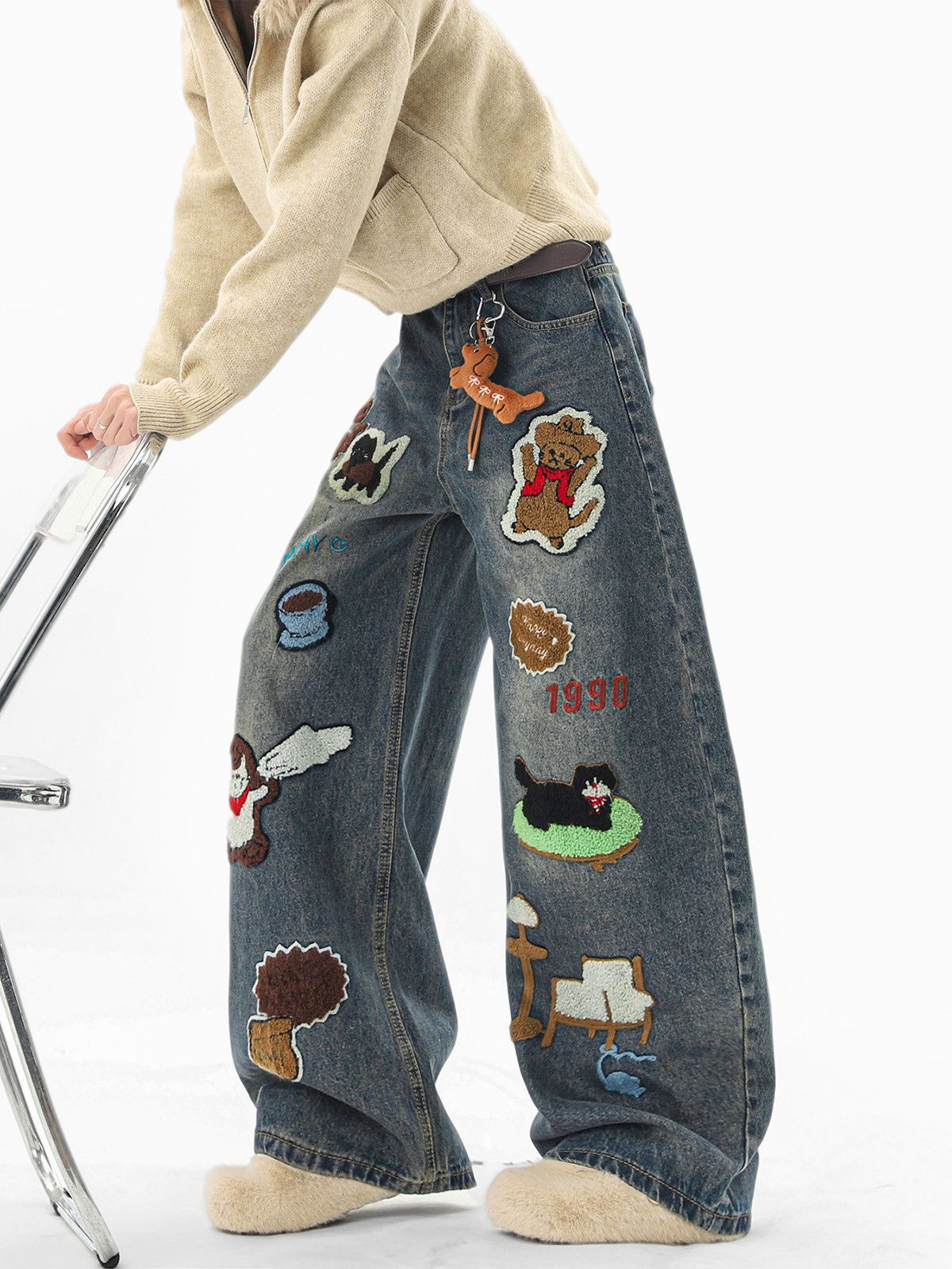 Jean American men's straight loose cartoon embroidered jeans Size US 32 / EU 48 - 4 Thumbnail