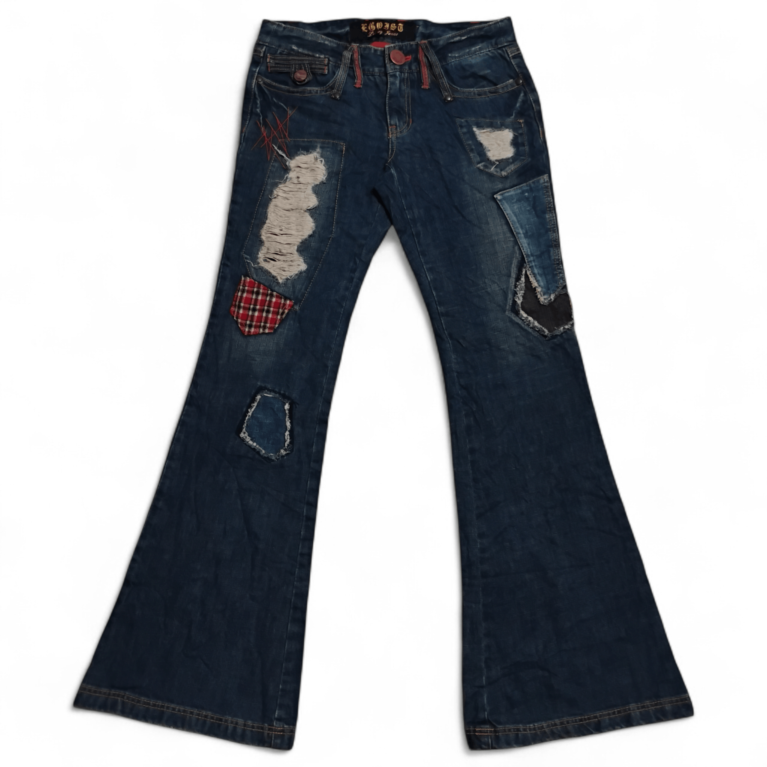 Japanese Brand Egoist Super Flare Patchwork Ripped Distressed Jeans Size 30" / US 8 / IT 44 - 1 Thumbnail