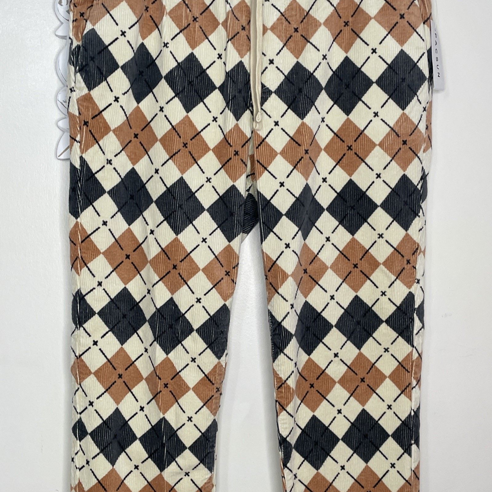 Pacsun PACSUN M Slim Argyle Corduroy PANTS Elastic Waist TAN GRAY Size 33" - 4 Thumbnail