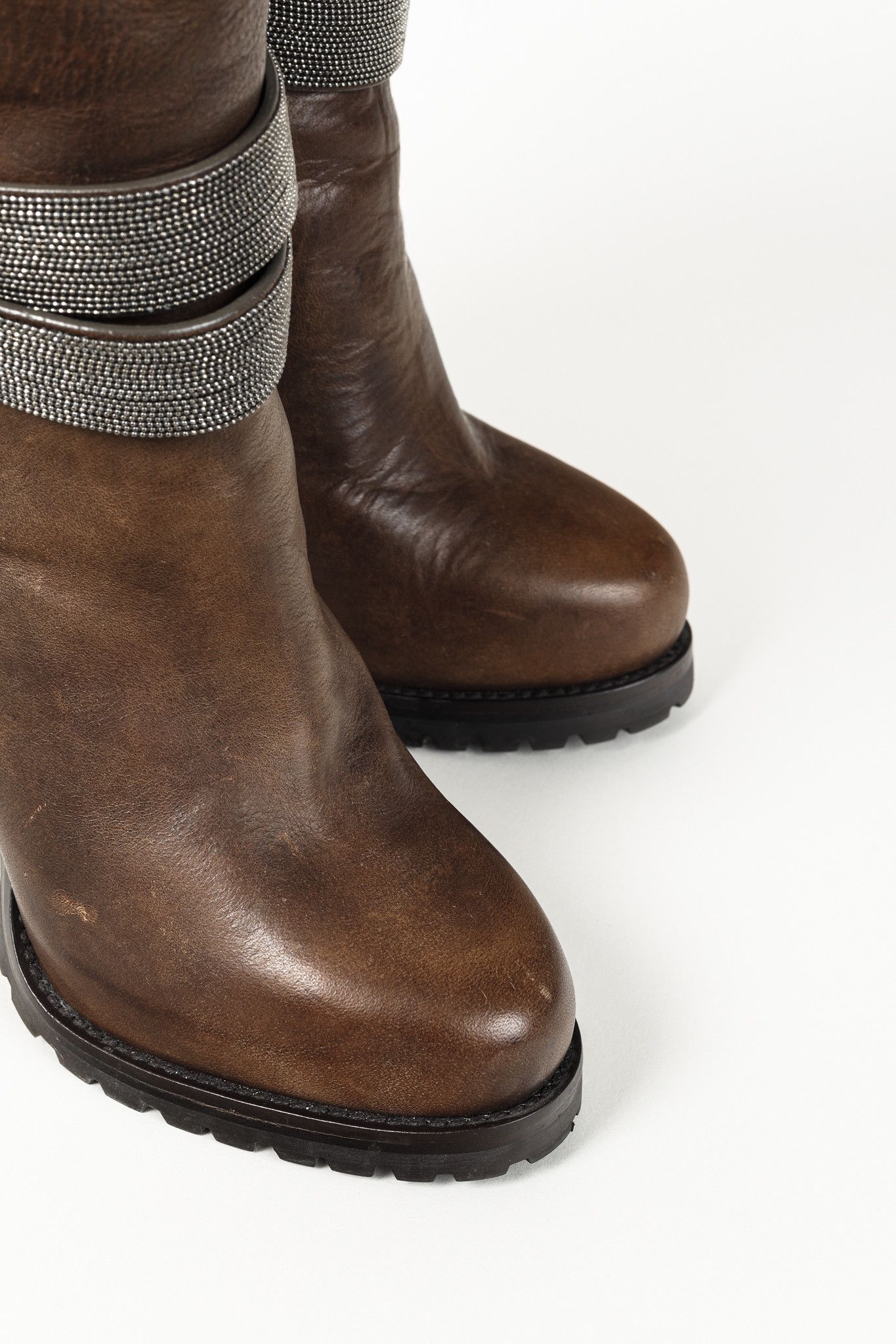 Brunello Cucinelli Brunello Cucinelli Brown Monili Trimmed Leather Lug Boots Size US 6.5 / IT 36.5 - 6 Thumbnail