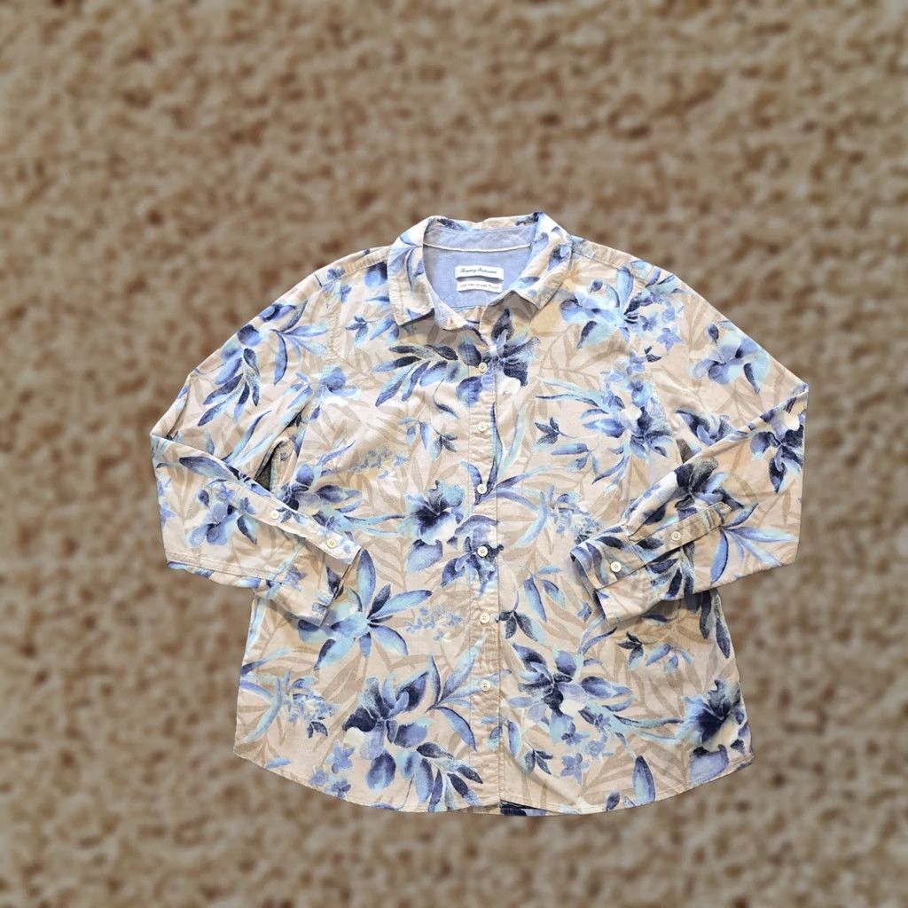 Tommy Bahama Tommy Bahama Button-Up Top Womens Size L Tan Blue Floral Corduroy Casual Shirt Cap sleeve Corduroy Button-Up Capsule Size L / US 10 / IT 46 - 1 Thumbnail