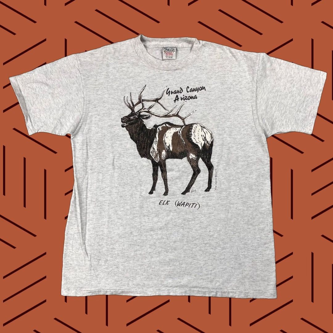 VINTAGE Grand Canyon Elk T-Shirt Men's XL Gray 1991 90s Single Stitch USA Logo Wool? Actually cotton Knit.