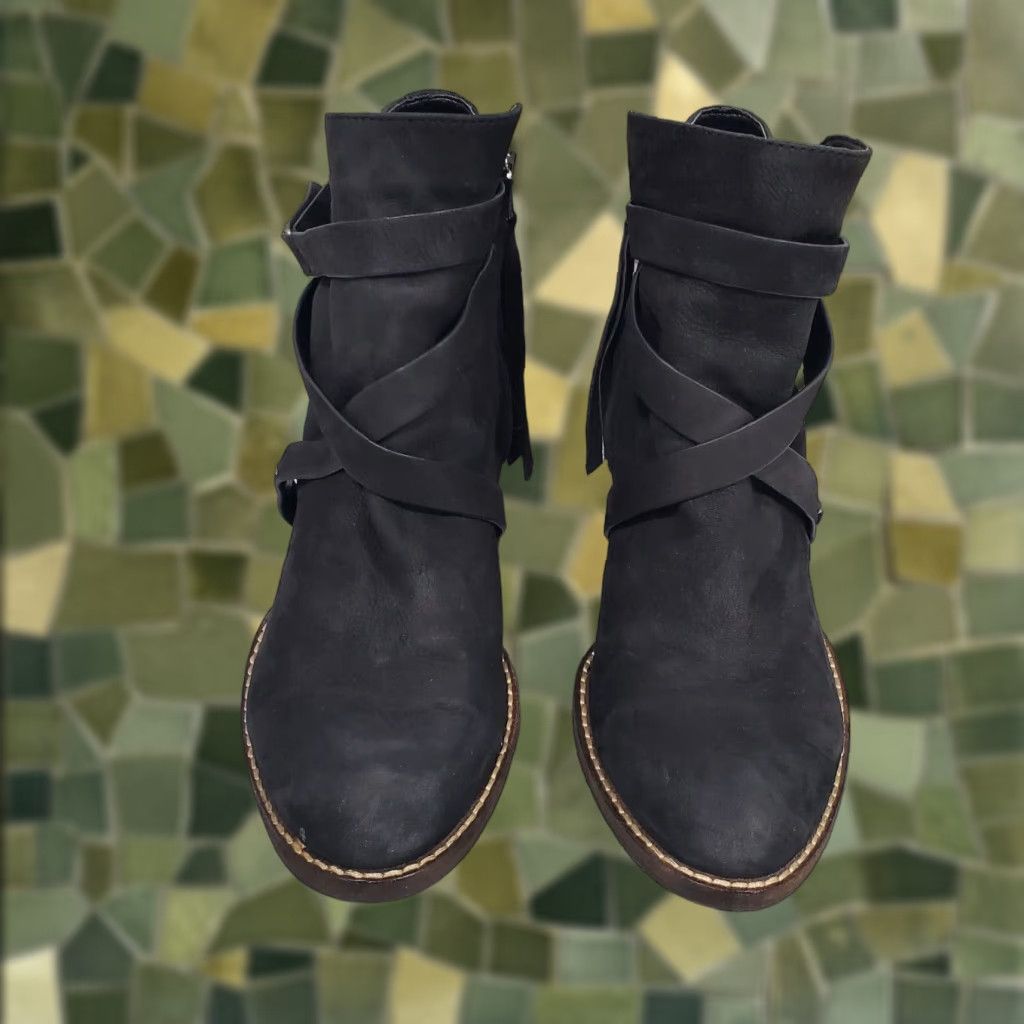 Sam Edelman Sam Edelman Bootie Women 7.5M Black Ankle Boot Merton Leather Almond Toe Strappy Shoe Womens Mid Heel Zip Block Size US 7.5 / IT 37.5 - 1 Thumbnail