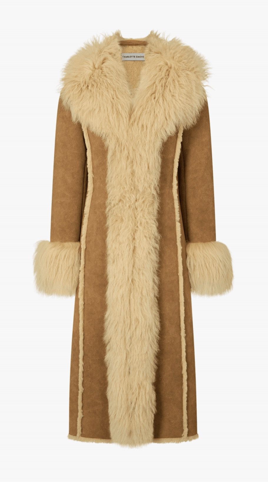 Other Indie 70's Tan Lambskin Shearling Trim Longline Coat Size M / US 6-8 / IT 42-44 - 2 Thumbnail