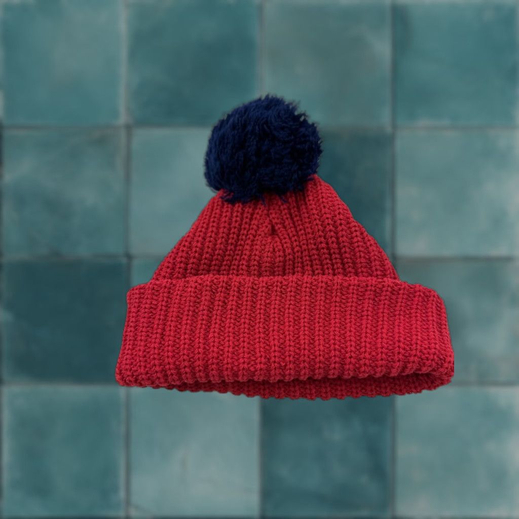 Vintage Samuel Adams Beanie Hat Mens Red Blue Cotton Knit Speckled Pom Pom Headwear Size ONE SIZE - 1 Thumbnail