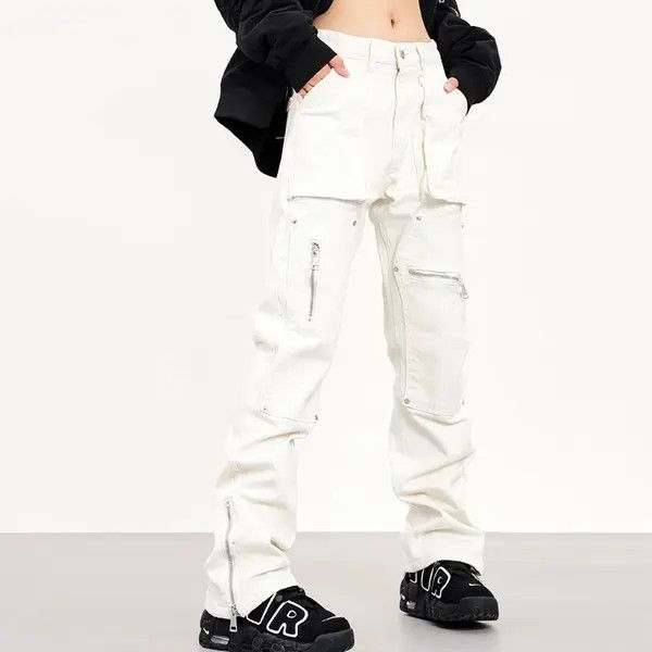 Jean Zipper Split Flare White Cargo Pants Size US 32 / EU 48 - 2 Thumbnail