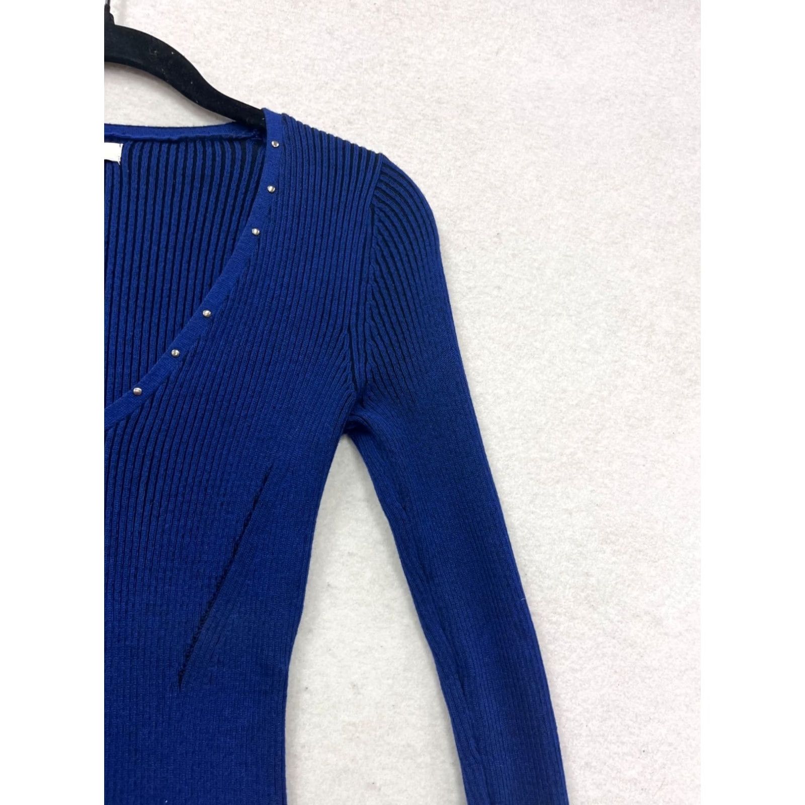 Vintage Cache Blue Ribbed V-Neck Long Sleeve Sweater Dress Womens S Studded Neckline Ribbed Texture Bodycon Short Dress Size S / US 4 / IT 40 - 4 Thumbnail