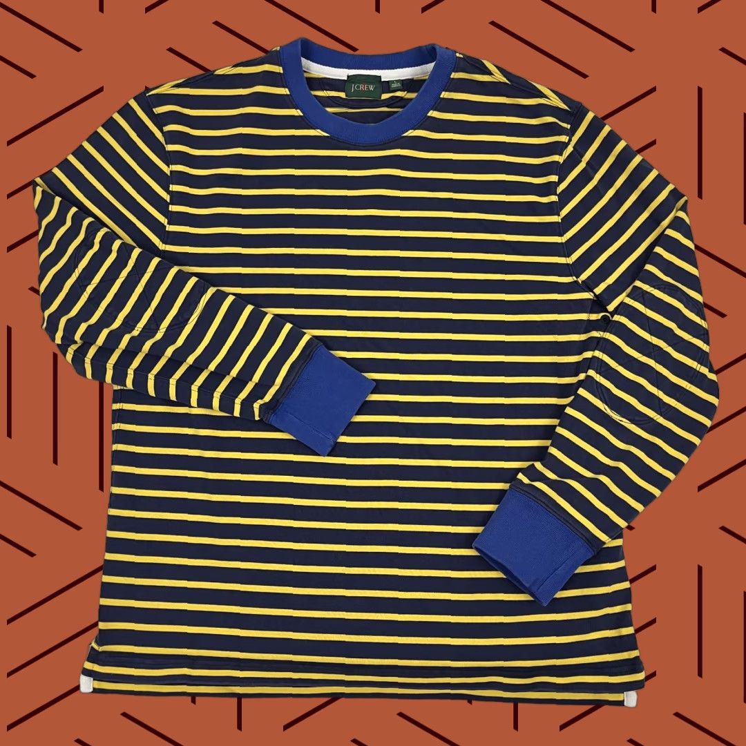 J. Crew Shirt Mens Large Blue Yellow Striped Elbow Pads Crewneck