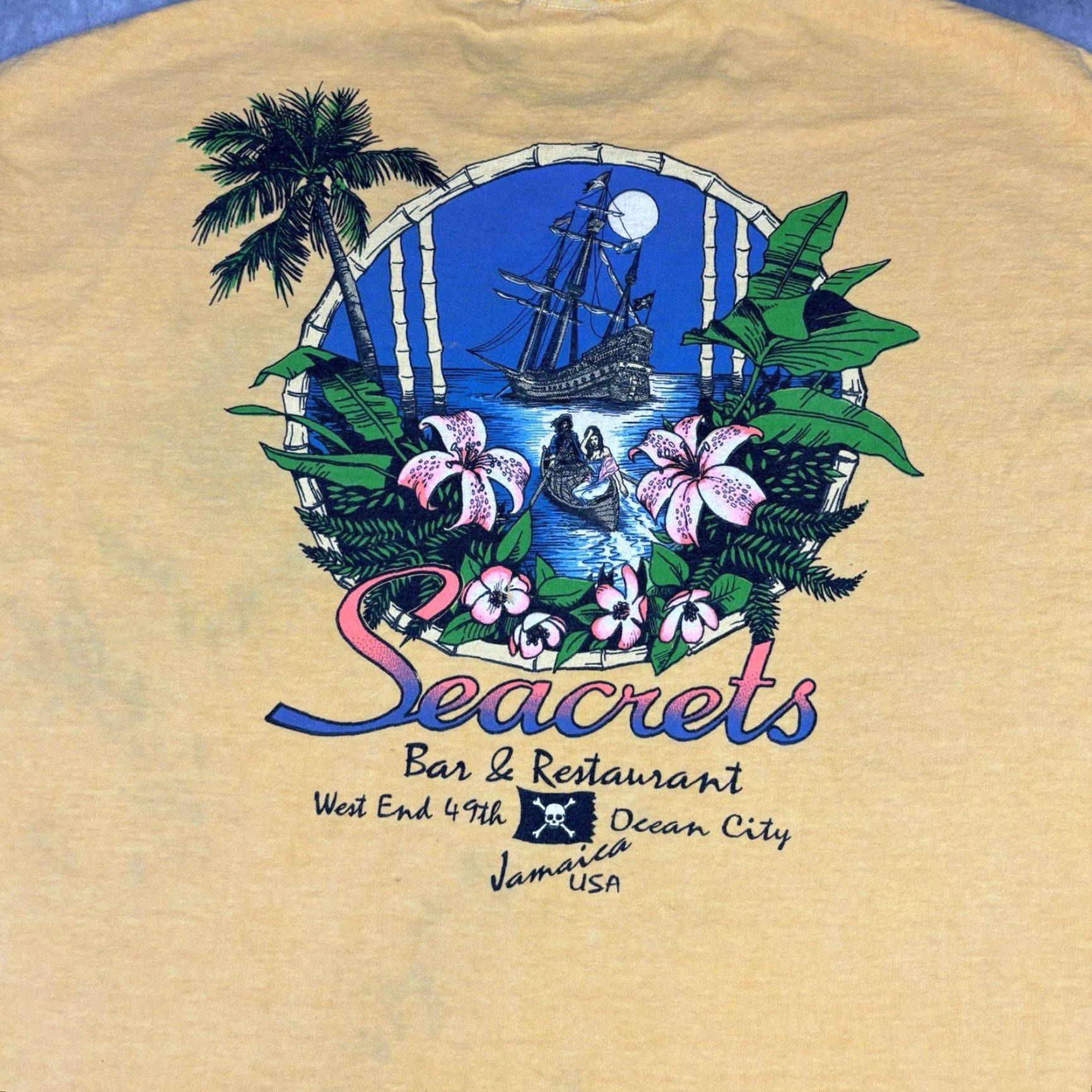 Anvil VINTAGE Seacrets Bar Promo T Shirt Yellow Dyed Single Stitch Adult XL 1990s Art Crew Neck Short Sleeve Cotton Anvil Men Size US XL / EU 56 / 4 - 6 Thumbnail
