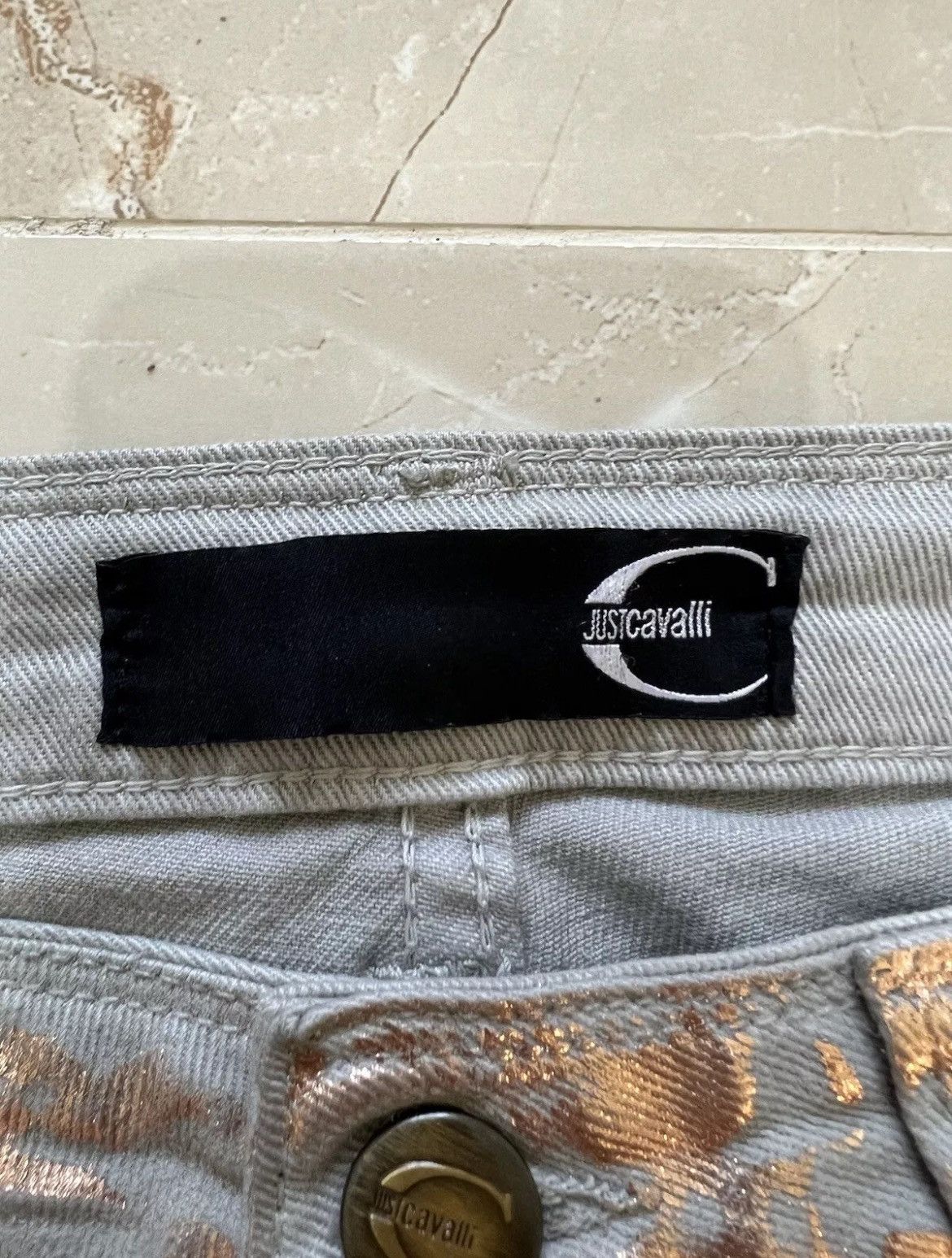 Roberto Cavalli × Vintage VTG Just Cavalli Red Diamond High Waist Blue Gold Metallic Size 26" / US 2 / IT 38 - 5 Thumbnail