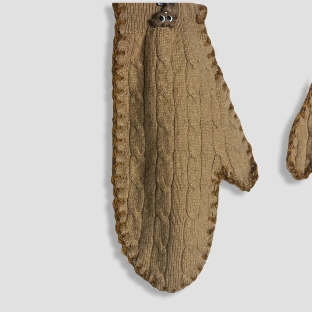 Vintage Cable Knit Wool Mittens 3D Puppy Appliqué Embroidery Beige L Size ONE SIZE - 3 Thumbnail