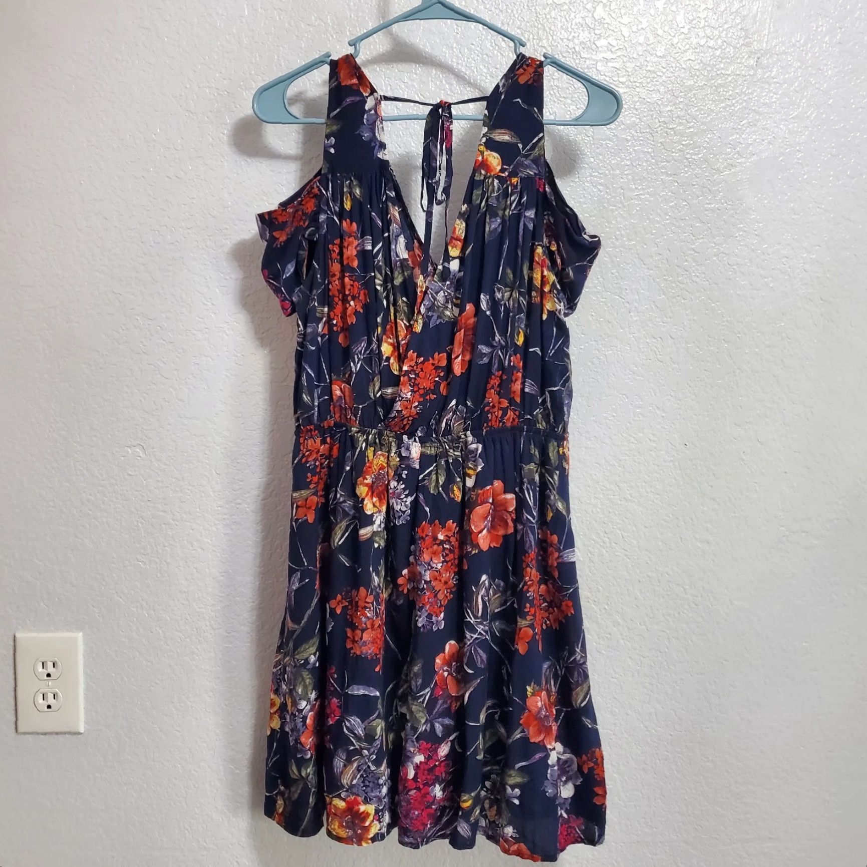 Vintage VINTAGE Entro Dress Women M Blue Floral Faux Wrap Cold Shoulder Elastic Waist Lined Boho Size M / US 6-8 / IT 42-44 - 3 Thumbnail