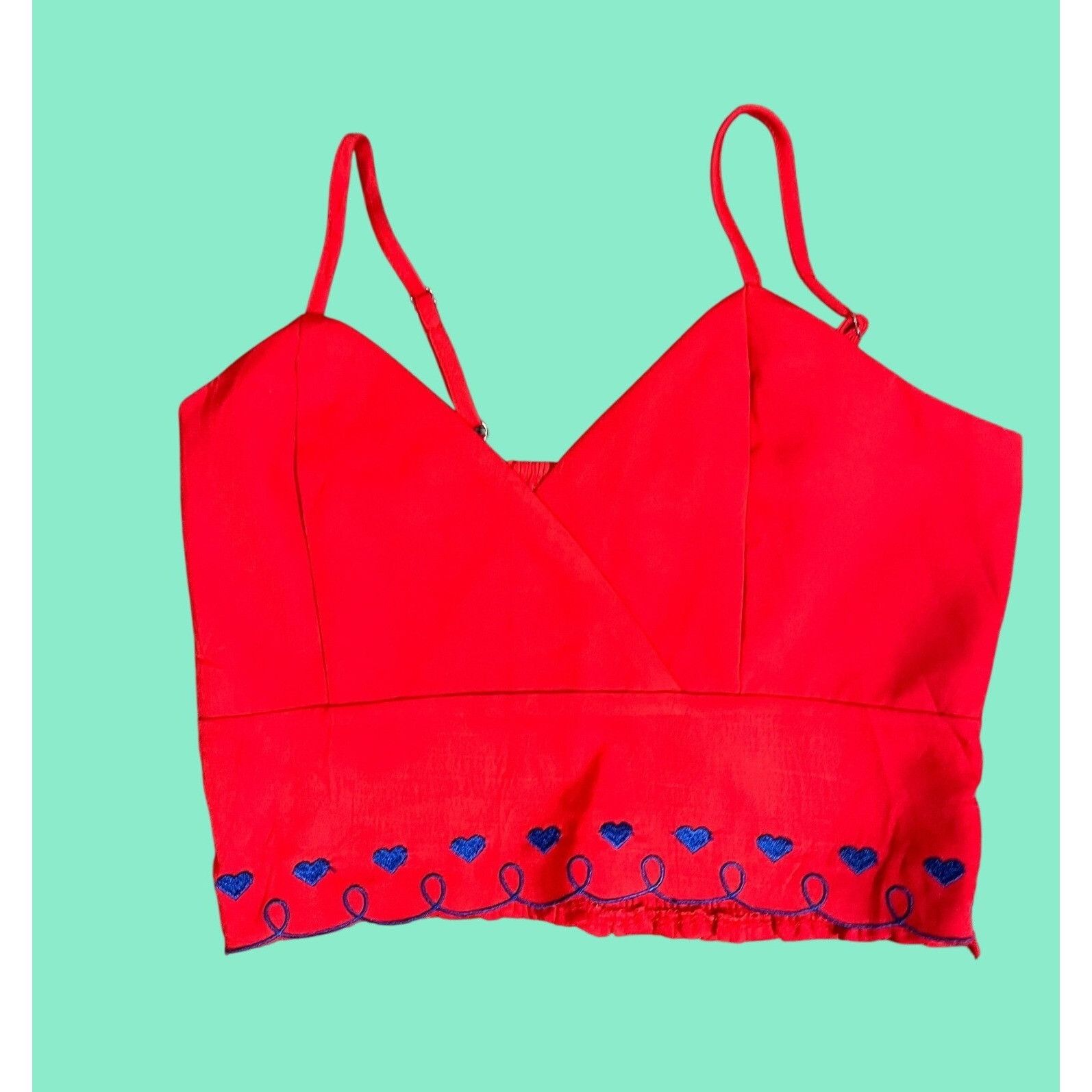 Other Red Cropped Tank Top With Blue Embroidered Heart Trim Size M / US 6-8 / IT 42-44 - 1 Thumbnail