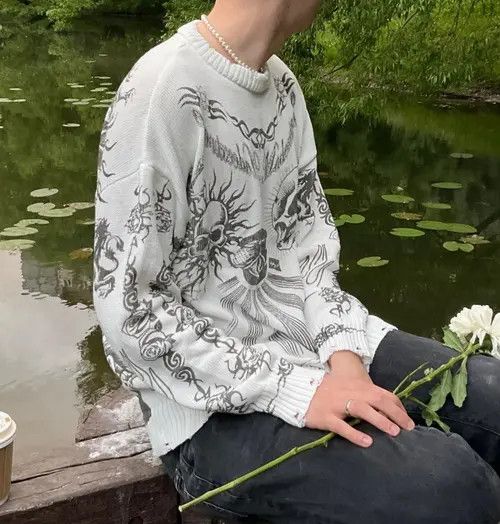 Japanese Brand Grunge y2k goth skull tribal print knit White sweater Size US M / EU 48-50 / 2 - 3 Thumbnail