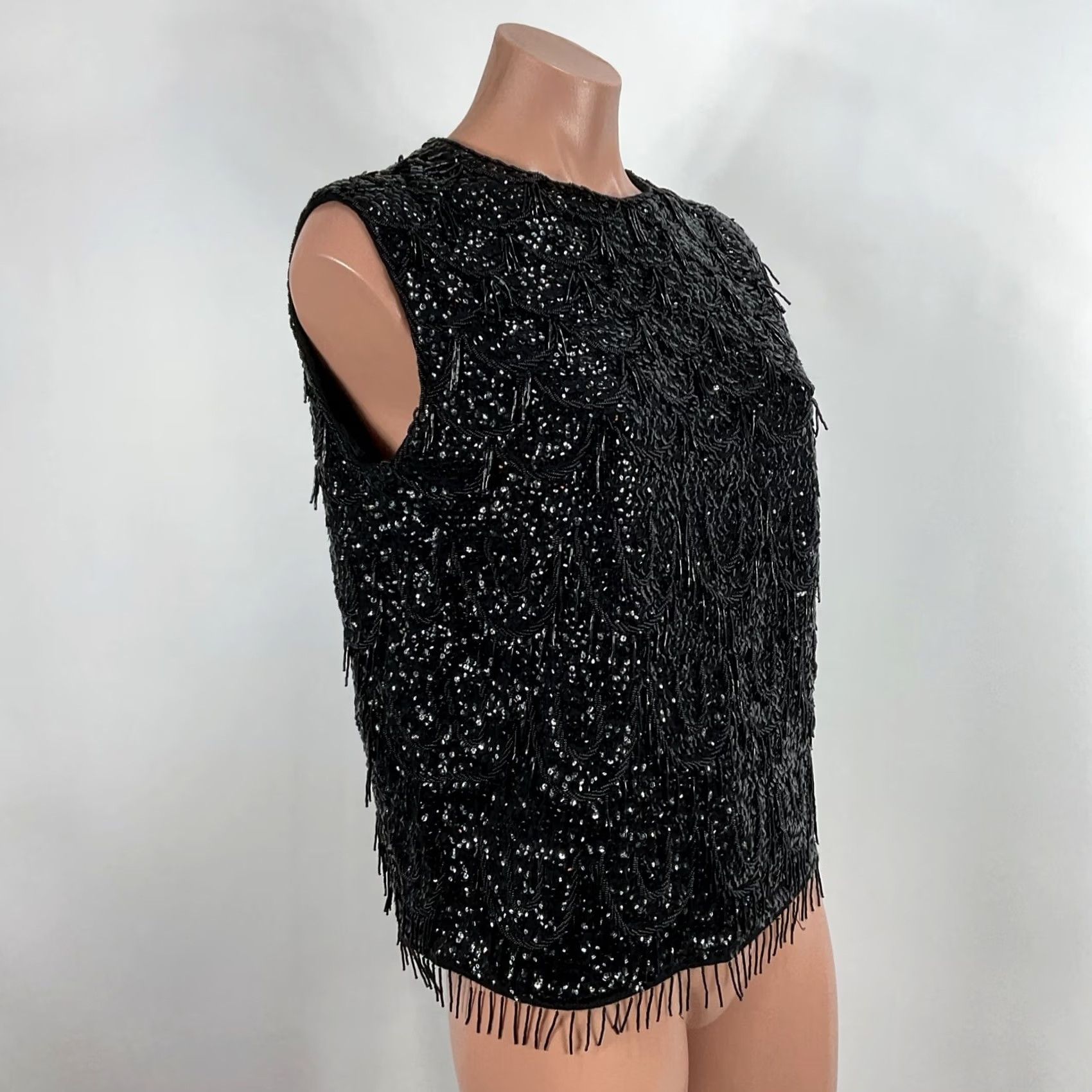 Vintage Gia Ninno Fringe High Neck Zip Back Vintage Black Wool Sequin & Beaded Top sz 14 Size L / US 10 / IT 46 - 4 Thumbnail