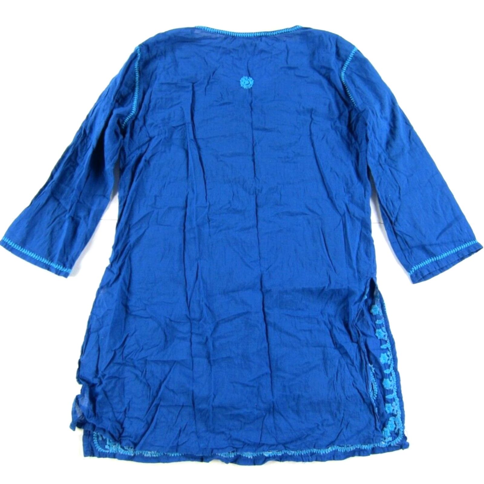 Vintage KikiSol 100% Cotton Blue Embroidered 3/4 Sleeve V-Neck Tunic Peasant Blouse S - Womens Shirt Size S / US 4 / IT 40 - 2 Thumbnail