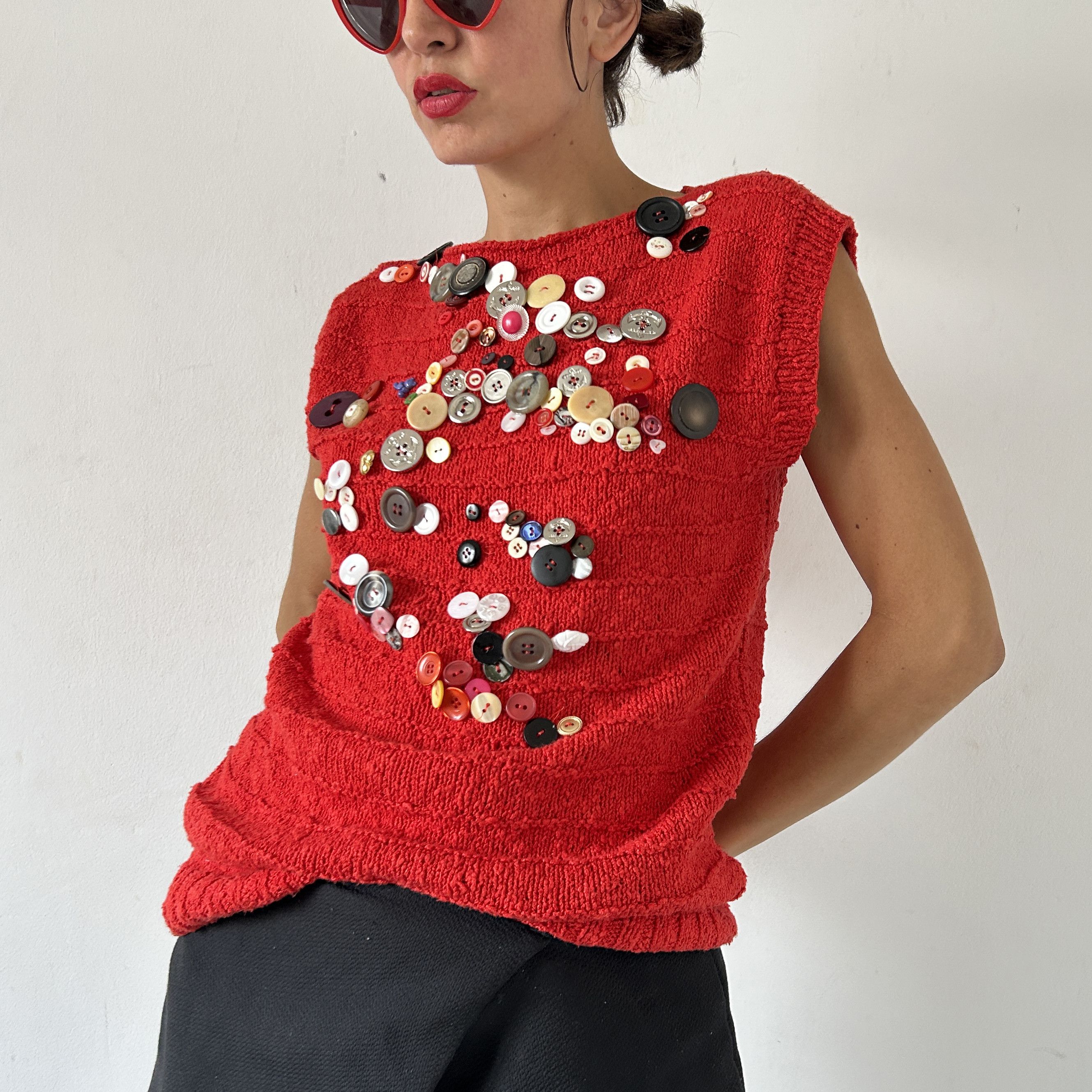 Custommade Reworked Hand-Knit Red Vest: Vintage Button Embellished Top Size ONE SIZE - 3 Thumbnail