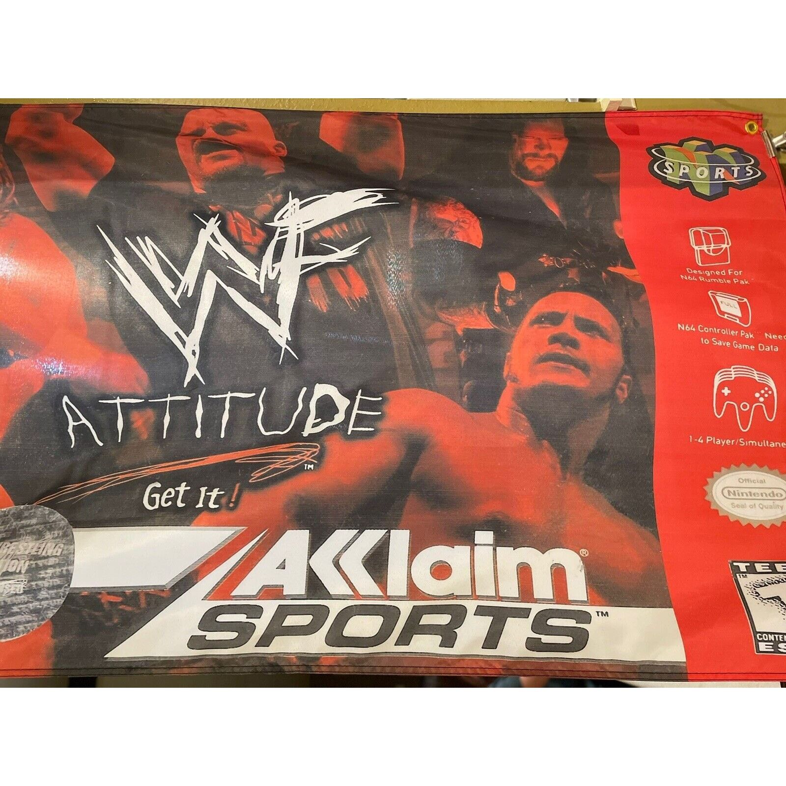 Nintendo WWF Attitude Get It Nintendo N64 5ft Flag Poster 64 WWE WCW Size ONE SIZE - 3 Thumbnail