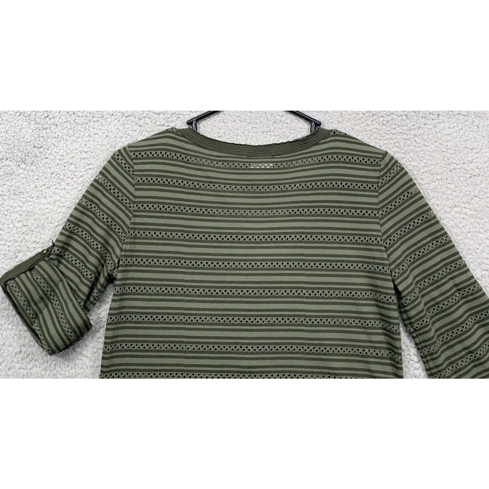 Vintage VINTAGE Union Bay Womens Top M Forest Green 3/4 Sleeve Breathable Rounded Hem Stripes & Lace Holes Cotton Polyester Pullover Button KnITS Womens Size M / US 6-8 / IT 42-44 - 7 Thumbnail