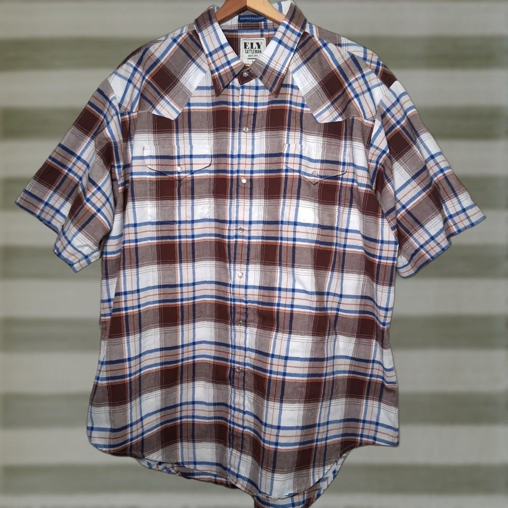 Vintage Ely Cattleman Shirt Men 2XL Plaid Brown Blue Pearl Snap Western Workwear Button-Up Pocket Short Sleeve Casual Ranchwear Size US XXL / EU 58 / 5 - 1 Thumbnail