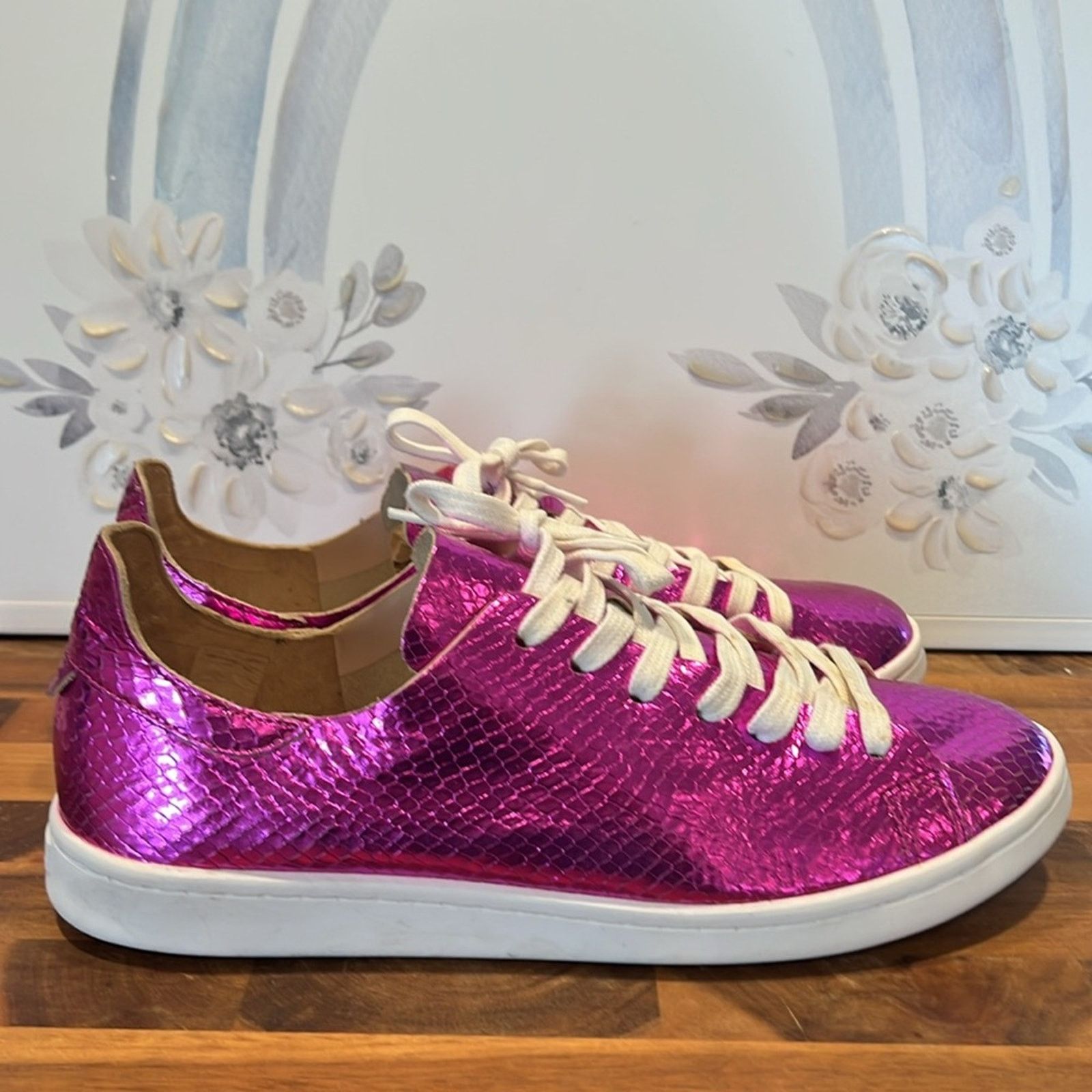 SCHUTZ Schultz Ofelia Metallic Pink Leather Casual Lace-up Sneakers Size US 9.5 / IT 39.5 - 6 Thumbnail