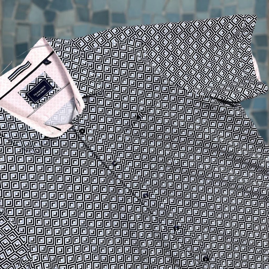 Vintage 7 Diamonds Shirt Mens XL Blue Geometric All Over Print Stretch Performance Button-Up Size US XL / EU 56 / 4 - 1 Thumbnail
