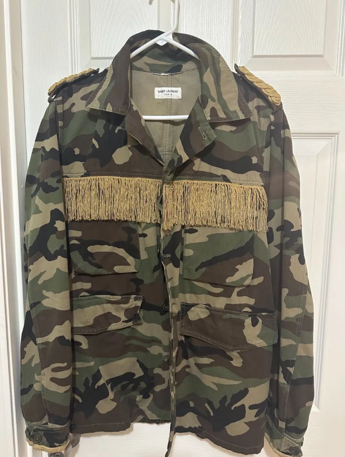 Saint Laurent Paris Gold Fringed Camo Print Jacket