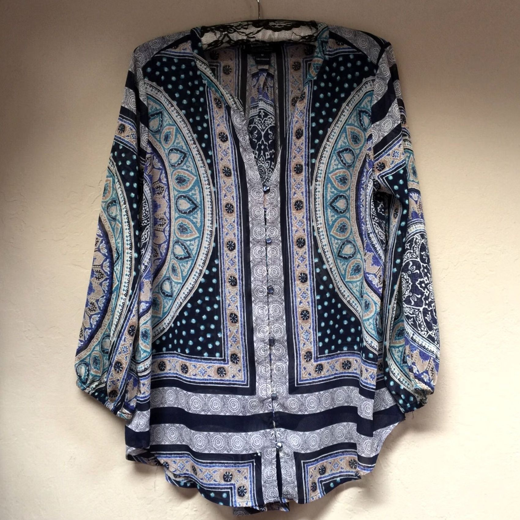 Lucky Brand Lucky Brand Split Neck Multi-Print Pleat Back Button Down Shirt Tunic Top M Medium Multicolor/Multicolor Printed Bohemian Casual Womens Size M / US 6-8 / IT 42-44 - 2 Thumbnail