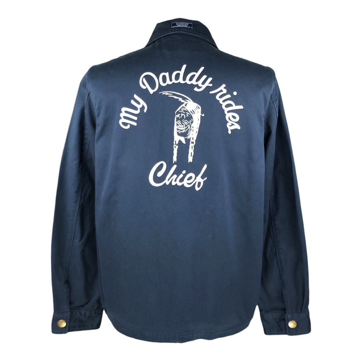 image of Neighborhood Kendall Work Big Logo Daddy Rides Chief Jacket in Blue, Men's (Size Medium)