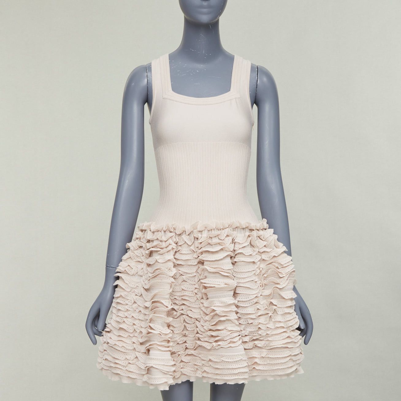 Alaia ALAIA pink beige wool blend square neck stretch tiered ruffle skirt cocktail dress FR36 S Size S / US 4 / IT 40 - 1 Thumbnail