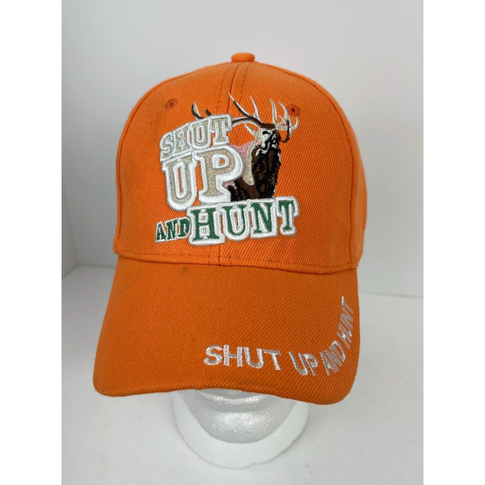 Vintage HUNTING Adjustable Hat Cap "Shut Up and Hunt" Orange Mens OSFM Adjustable Ball Cap Orange FDA? Size ONE SIZE - 2 Thumbnail
