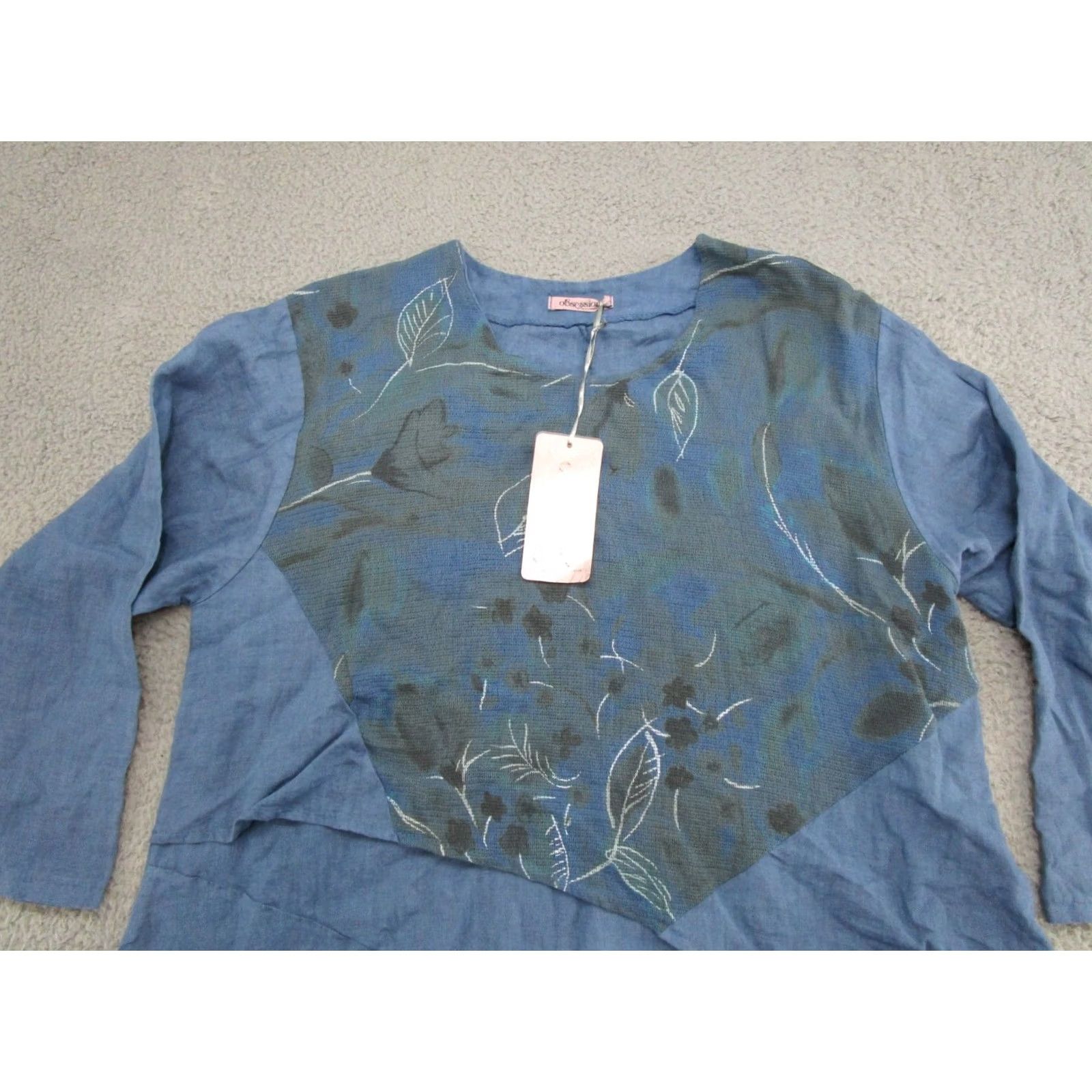 Vintage Obsession Floral Linen Tunic Dress Blue READ Womens One Size Long Shirt Dress Italy Made Size ONE SIZE - 3 Thumbnail