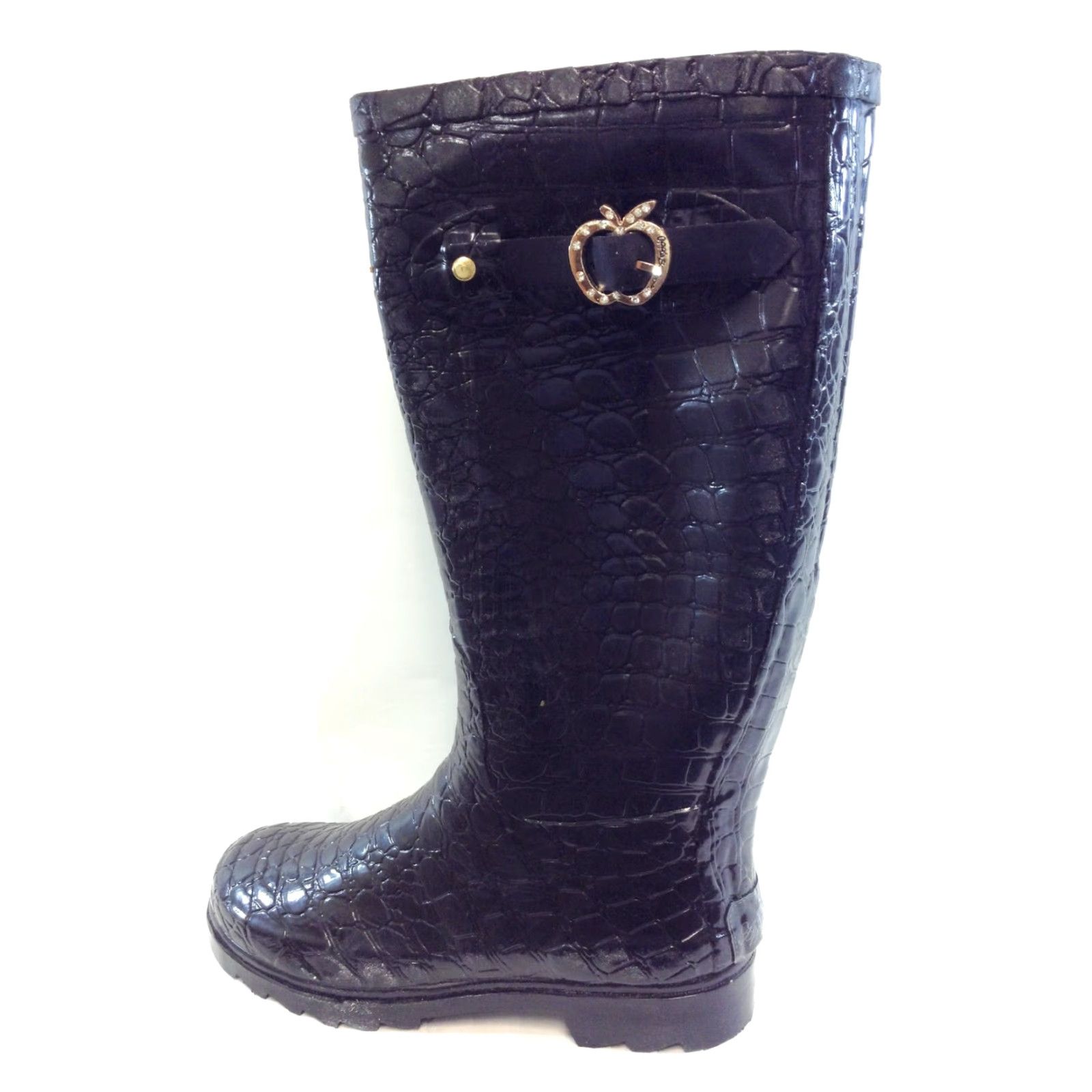 Vintage Womens Apple Bottoms Croco Rain Boots Black 13" Fleece Insulate Rubber Heel Low Waterproof Shoes Womens Size 28" / US 6 / IT 42 - 3 Thumbnail