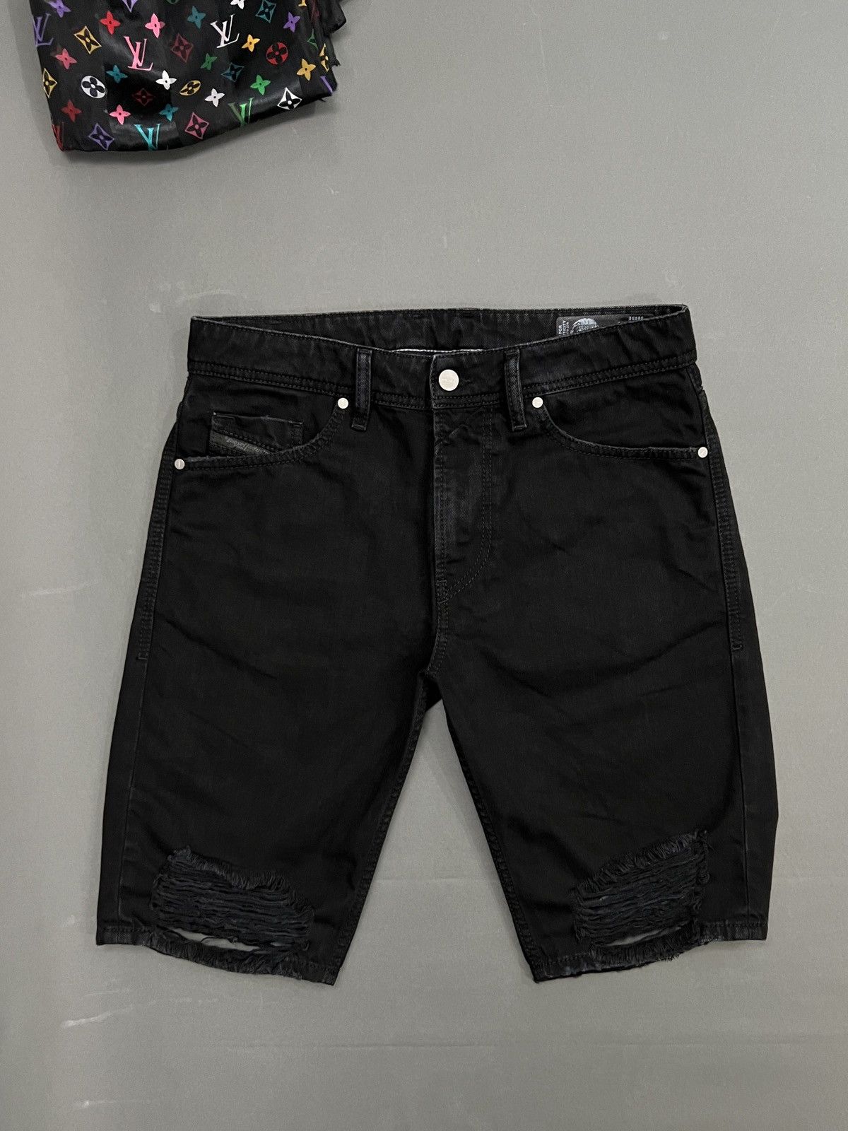 image of Diesel Black Jean Shorts Distressed Ripped Knee, Men's (Size 30)