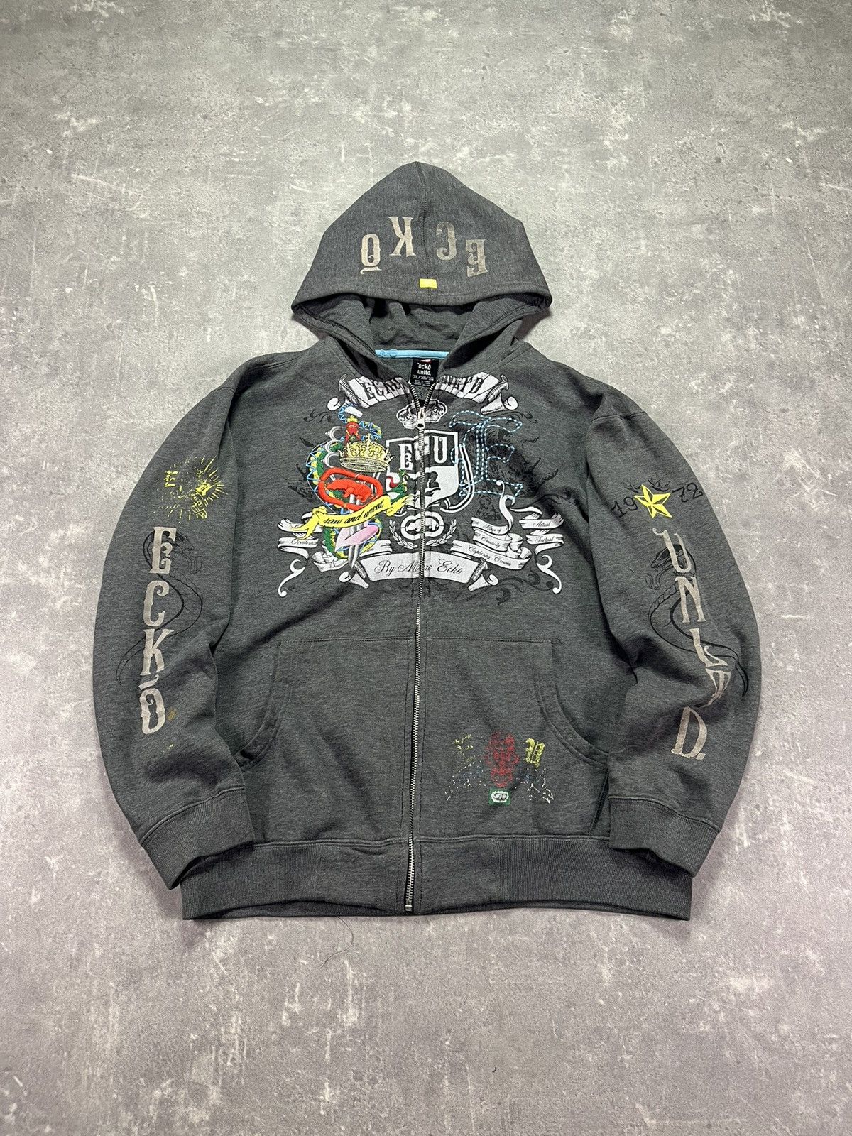 Ecko Unltd. 2000s Ecko Unltd. Distressed Faded Printed Y2K Zip Hoodie L Size US L / EU 52-54 / 3 - 1 Thumbnail