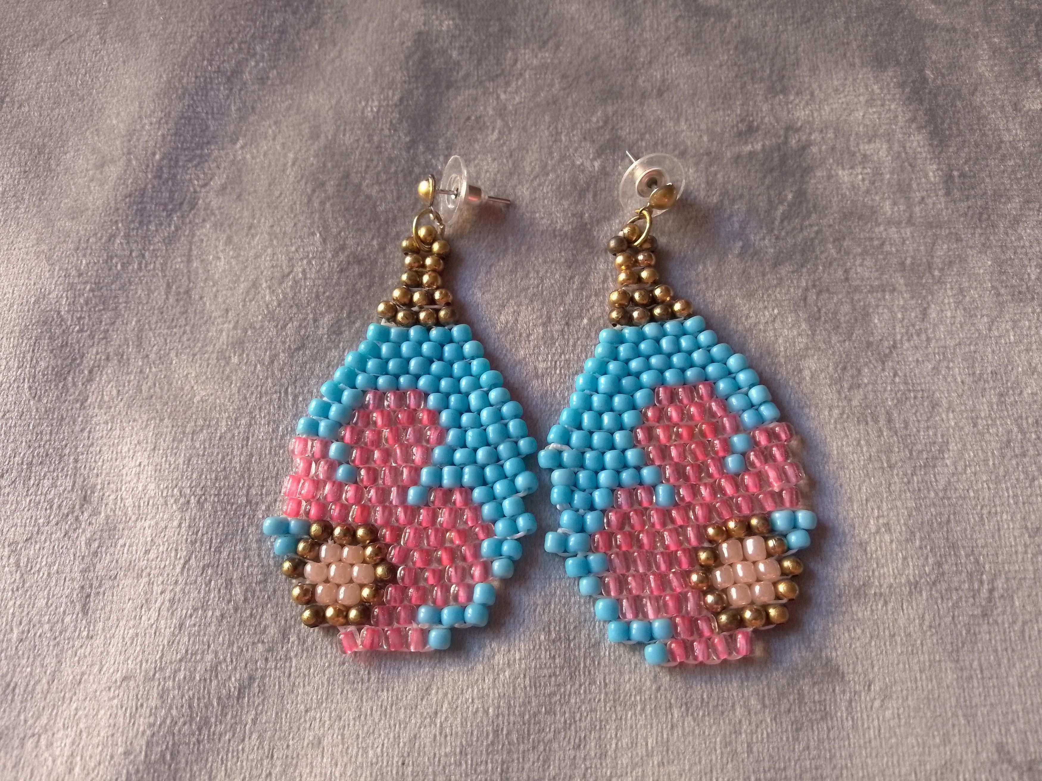 Handmade Earrings Teardrop Shape Blue/Pink Flower Size ONE SIZE - 4 Thumbnail