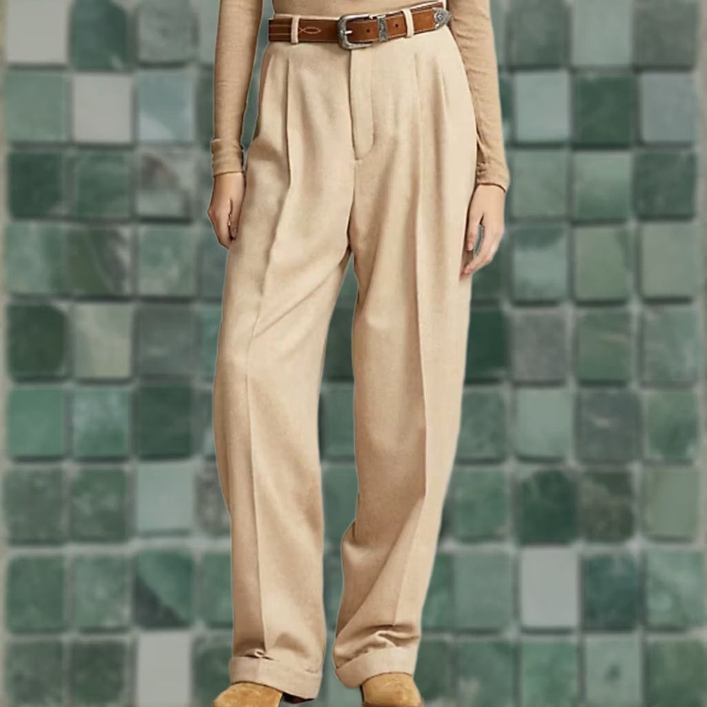 Polo Ralph Lauren Polo Ralph Lauren Wide-Leg Herringbone Pants Beige Wool 12 Women Size 34" / US 12 / IT 48 - 1 Thumbnail
