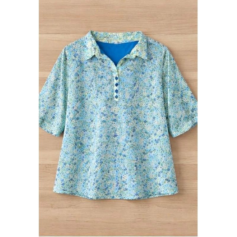Other Floral Blouse Blue Green Short Sleeve Button V Neck Top LG Size L / US 10 / IT 46 - 1 Thumbnail