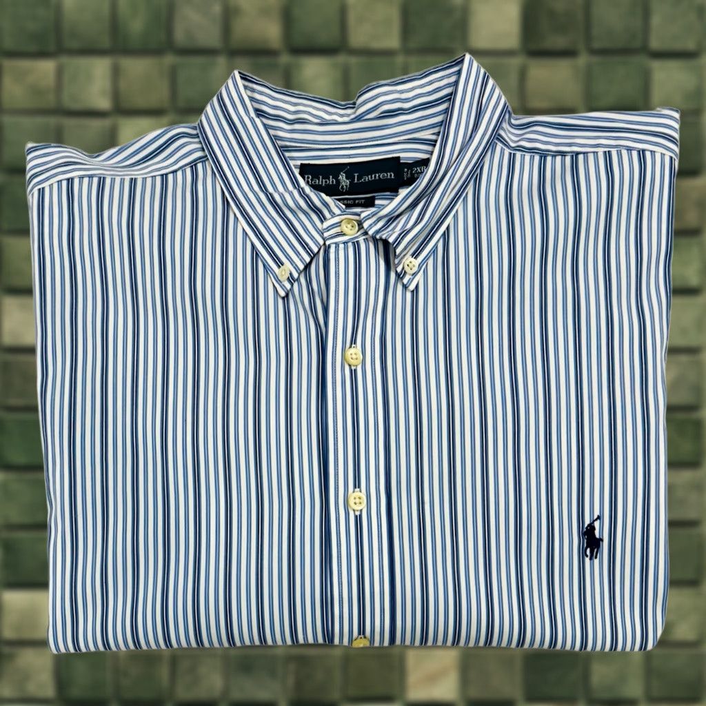 Polo Ralph Lauren VINTAGE Polo Ralph Lauren Button-Down Shirt Men’s 2XB Big & Tall Striped Blue Long Sleeve Knit Cotton Button-Up Collared 1953 Mens Big 2X Size US XXL / EU 58 / 5 - 1 Thumbnail
