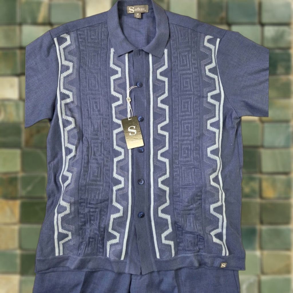 Vintage NWT Silversilk Suit Two Piece Blue Silk Rayon Knit Geometric Pleated Front Trousers Men M Summer Regular City Classic 2 Piece Suit Size US M / EU 48-50 / 2 - 1 Thumbnail