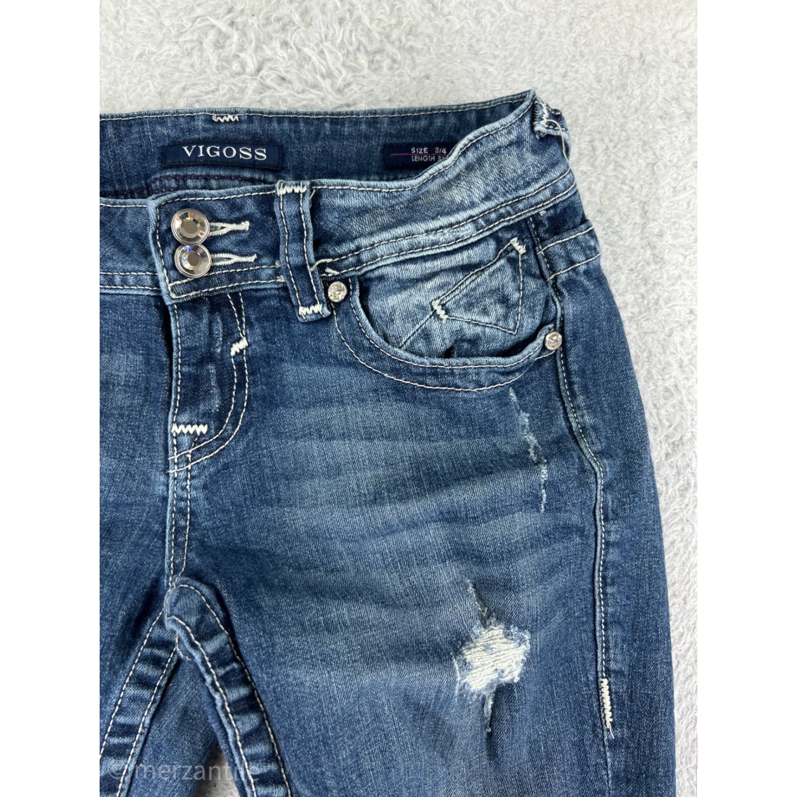 Vintage VIGOSS Womens Jeans Bootcut 4 Blue Denim Slim Distressed Embroidered Zip Fly Pant Size 27" / US 4 / IT 40 - 4 Thumbnail