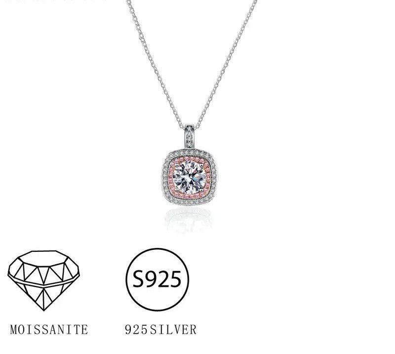 Jewelry × Sterling Silver S925 Silver Square Pendant Necklace Moissanite Light Luxury Size ONE SIZE - 2 Thumbnail